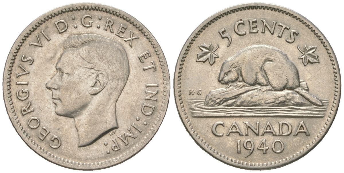 Канада 5 центов 1940 Георг VI (1936-1952), бобр KM 33 никель 4364-3042