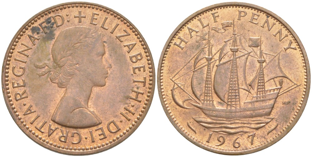 Великобритания 1/2 пенни 1967 Елизавета II (1952-2022) KM 896, Spink 4158 бронза 4544-156