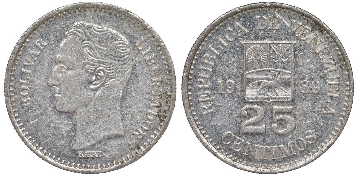 Венесуэла 25 сентимо 1989 Симон Боливар KM 50а сталь плакированная никелем 4594-411