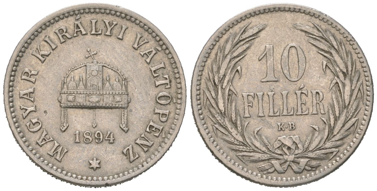 Венгрия 10 филлеров 1894 KB, Франц Иосиф I (1848-1916) KM 482 никель 192-251