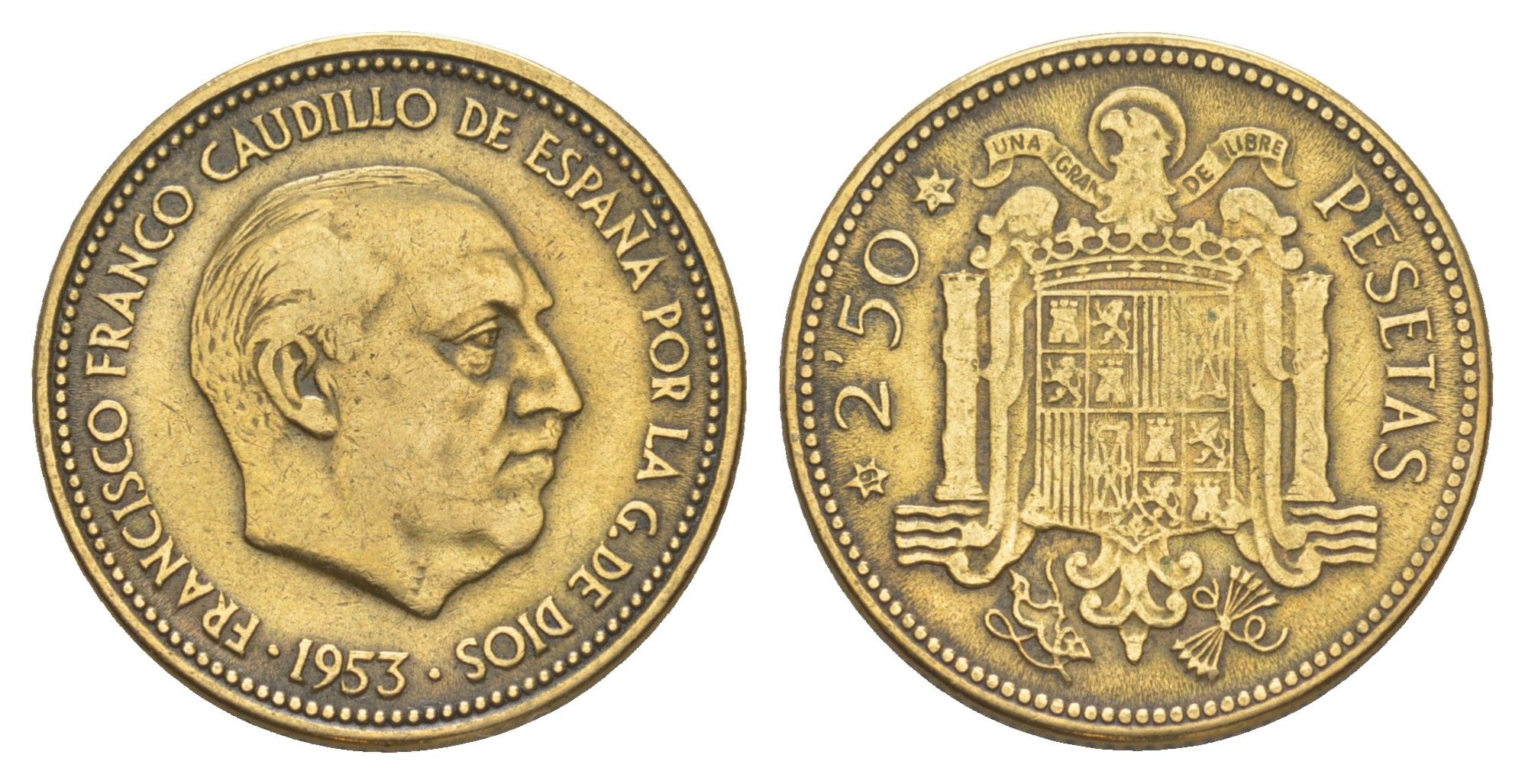 Испания 2,5 песеты 1953 (56) Франсиско Франко (1939-1975) KM 785 алюминиевая бронза 4538-335