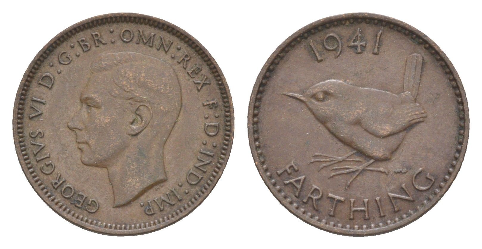 Великобритания 1 фартинг 1941 Георг VI (1936-1952) KM 843, Spink 4116 бронза 3457-1121