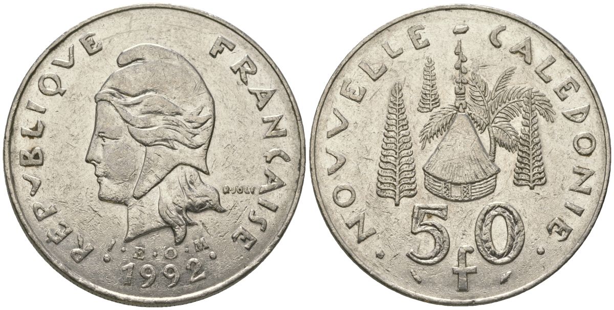 Французская Новая Каледония 50 франков 1992 хижина среди сосен и пальм, (IEOM) KM 13, Schoen 15, Lec 121 никель 111-614