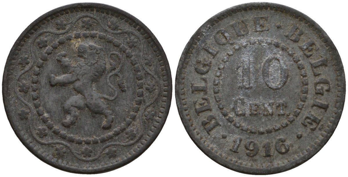 Бельгия 10 сантимов 1916 германская оккупация первая мировая война, Альберт I (1910-1934) KM 81 цинк 4543-616