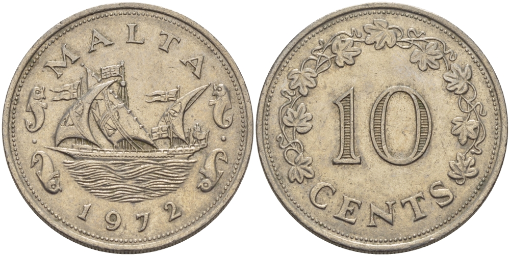 Мальта 10 центов 1972 баржа Великого магистра KM 11 медно-никель 82-545