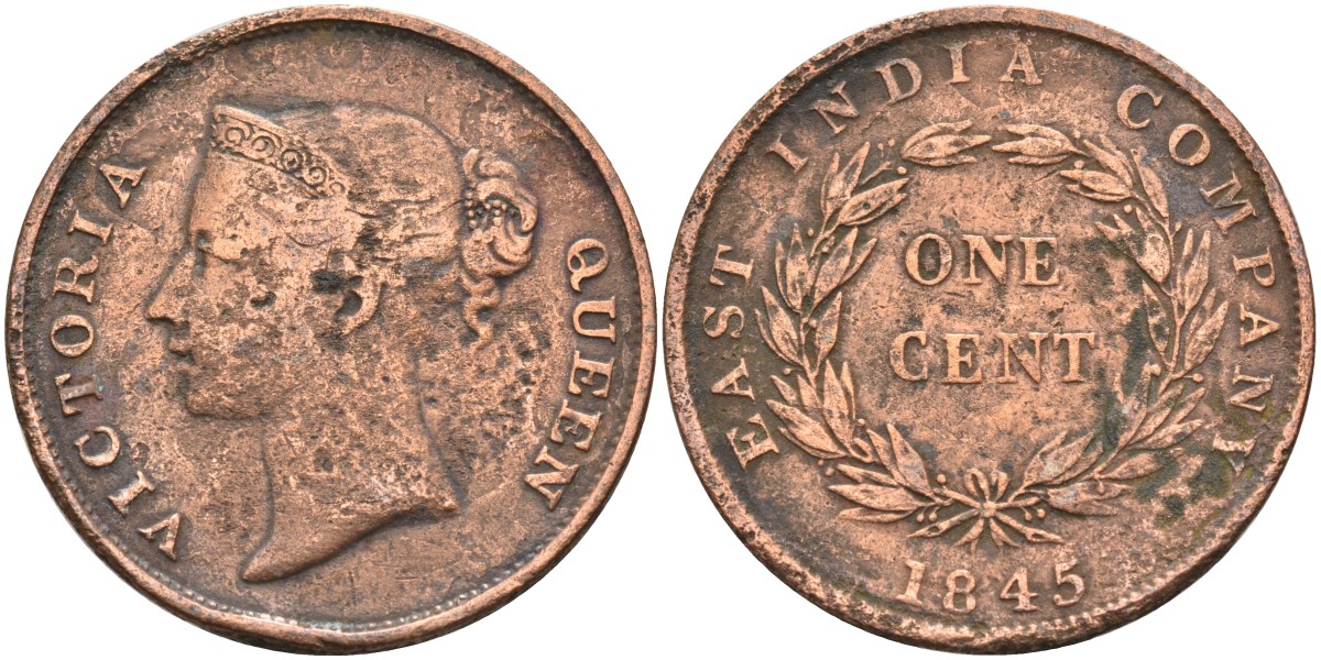 Стрейтс-Сетлментс 1 цент 1845 Виктория (1837-1901), Ост-Индская компания KM 3 медь 4590-131