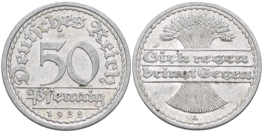 ГЕРМАНИЯ 50 ПФЕННИГОВ 1922 A KM 27, J. 301, Weege 10 алюминий 175-137