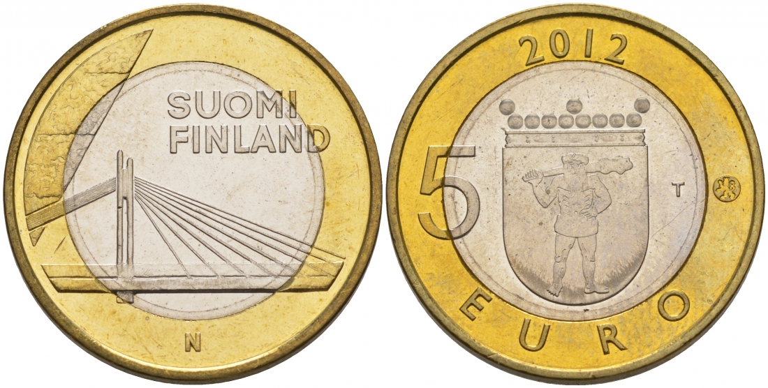 Финляндия 5 евро 2012 исторические здания, свечной мост лесоруба, Лапландия KM 192 биметалл UNC M7-7