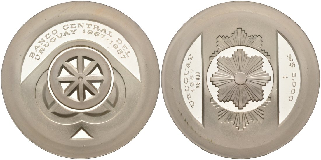 Уругвай 5000 песо 1987 20 лет Центральному банку (1967-1987), в коробке KM 91 серебро PROOF 00-00