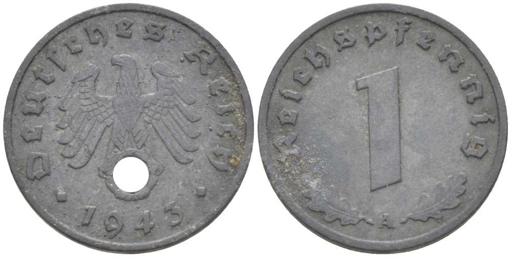 ГЕРМАНИЯ 1 РЕЙХСПФЕННИГ 1943 A KM 97, J. 369 цинк 211-554