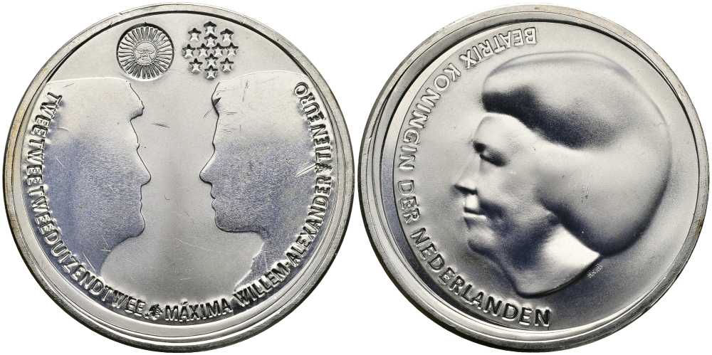 Нидерланды 10 евро 2002 королевская свадьба Виллема-Александра и принцессы Максимы KM 243 серебро UNC 650-1124