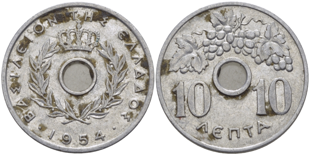 Греция 10 лепта 1954 Павел I (1947-1964), виноградная лоза KM 78 алюминий 28-213