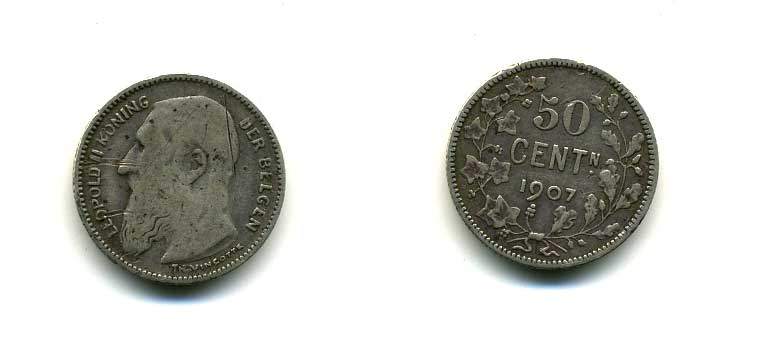 БЕЛЬГИЯ 50 САНТИМОВ 1907 ЛЕОПОЛЬД II, BELGEN KM 61.1 серебро 179-646