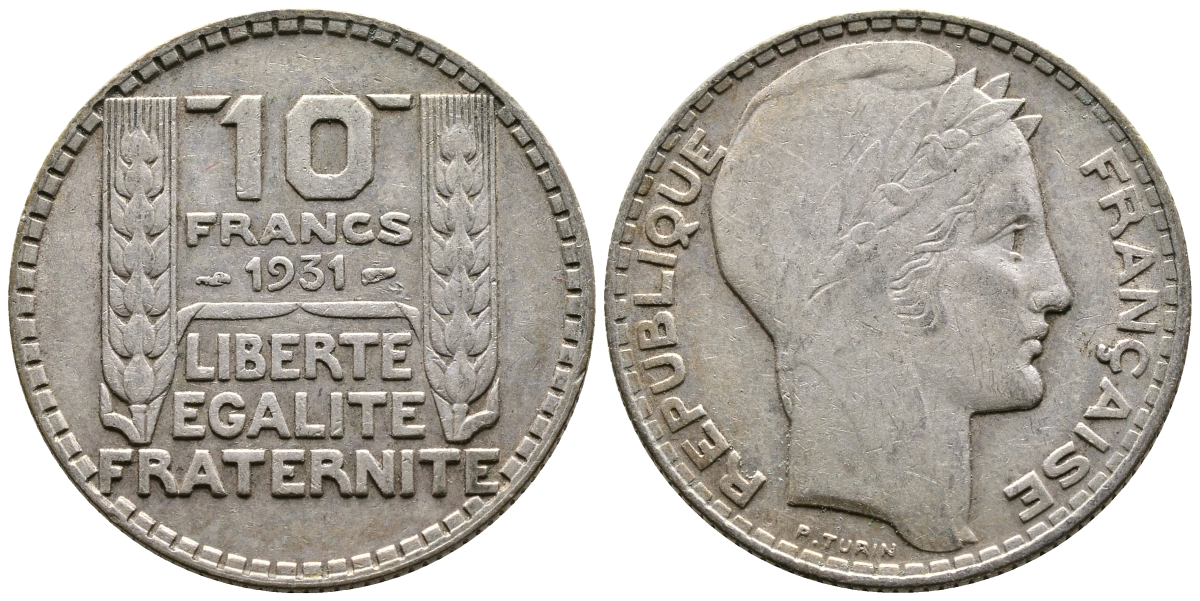 Франция 10 франков 1934 Пьер Тюрен KM 878, Le Franc 360.7 серебро 177-253