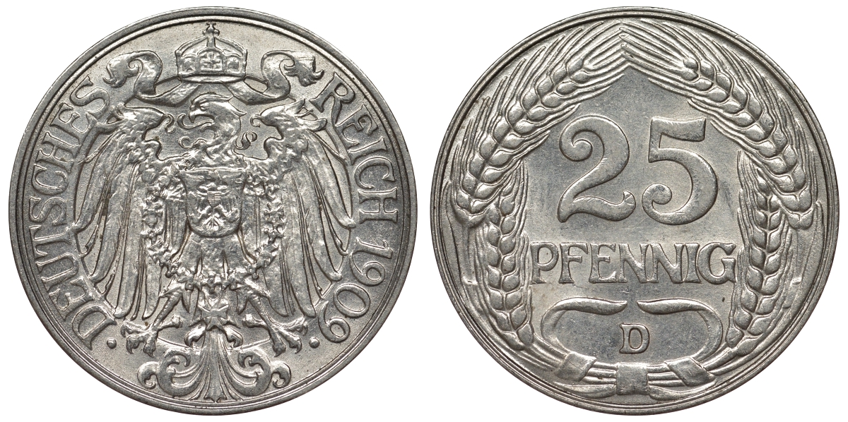 Германия 25 пфеннигов 1909 D, цена по каталогу МТ 30 евро KM 18, Weege 12, J.18 никель UNC 71-1116
