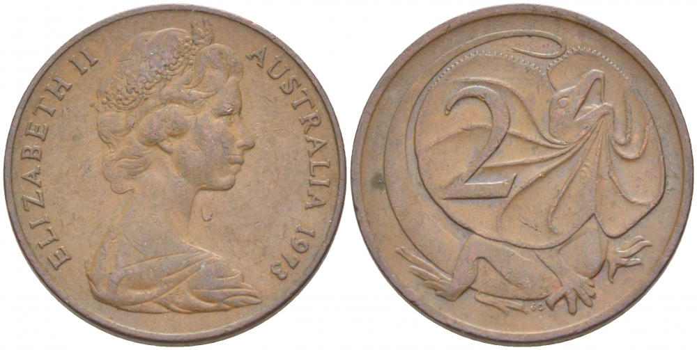 АВСТРАЛИЯ 2 ЦЕНТА 1973 ЕЛИЗАВЕТА II, МОЛОДОЙ ПОРТРЕТ, ПЛАЩЕНОСНАЯ ЯЩЕРИЦА (FRILLED LIZARD) KM 63 бронза 3457-627