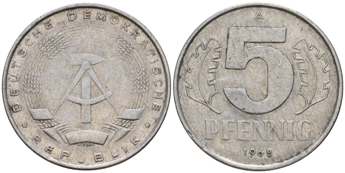 ГДР 5 пфеннигов 1968 A KM 9.1 алюминий 206-1116