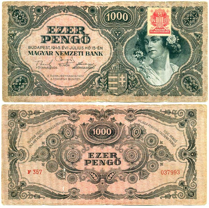 Венгрия 1000 пенго 1945 с красной маркой Pick 118 b бумага 7146-26-2-2