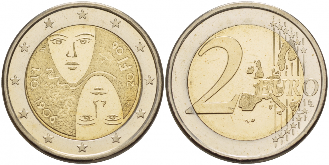 Финляндия 2 евро 2006 100 лет парламентаризма, маски KM 125 биметалл UNC 1094-6-13