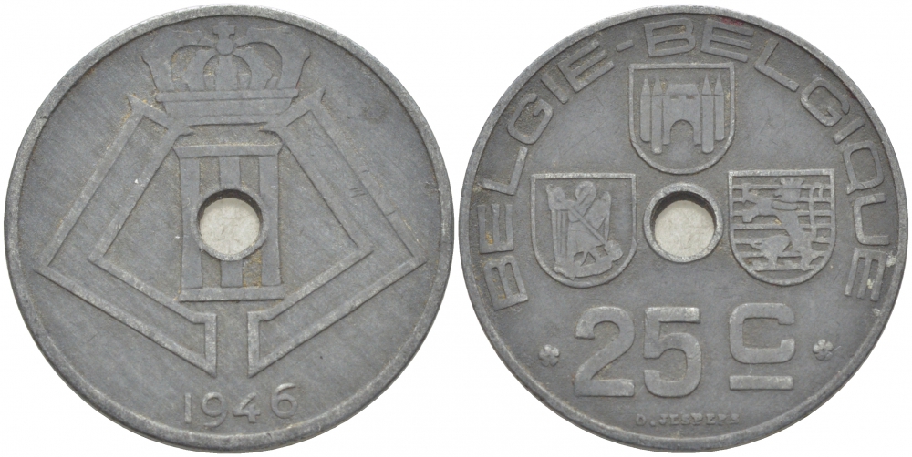 БЕЛЬГИЯ 25 САНТИМОВ 1946 BELGIE-BELGIQUE, ГЕРМАНСКАЯ ОККУПАЦИЯ, ВТОРАЯ МИРОВАЯ ВОЙНА KM 132 цинк 3996-723