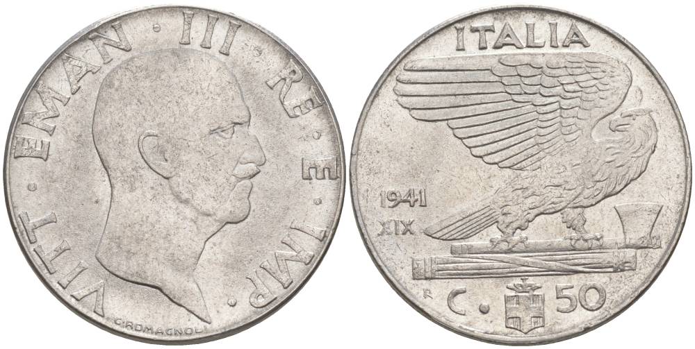 ИТАЛИЯ 50 ЧЕНТЕЗИМО 1941 R, ГОД XIX, ВИКТОР ЭММАНУИЛ III (1900-1946) KM 76b, VEM3. 1063 нержавеющая сталь 3853-323