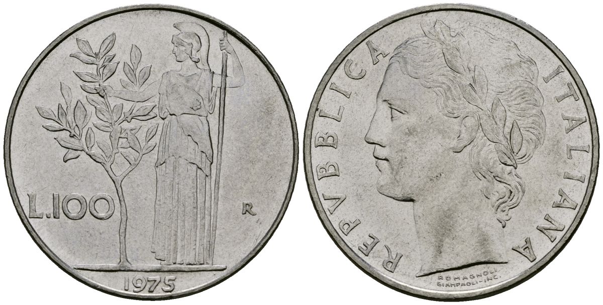 Италия 100 лир 1975 R, Афина у оливкого дерева KM 96.1 нержавеющая сталь 4137-225