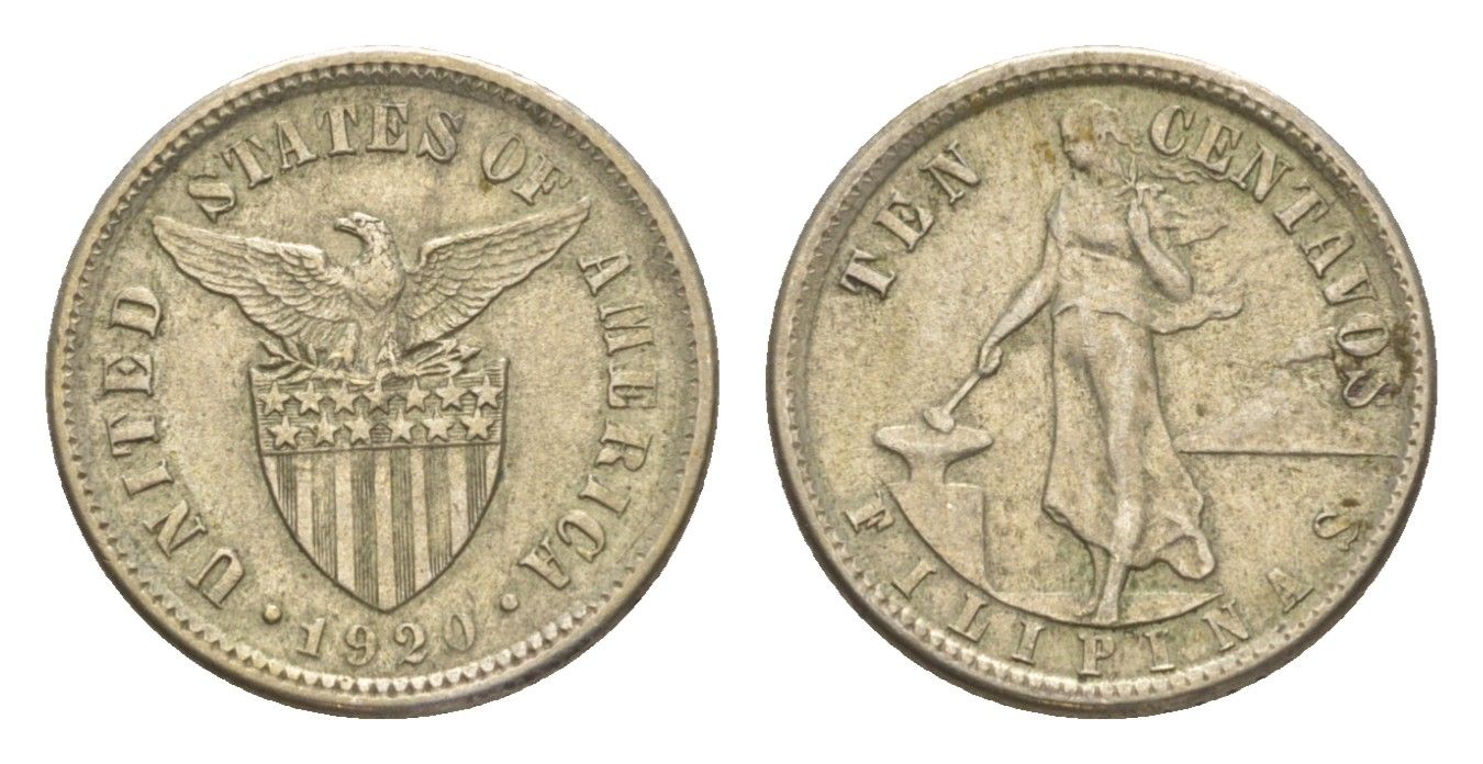 Филиппины 10 сентаво 1920 редкий год, тираж - 520.000 экземпляров KM 169 серебро 1527-1212