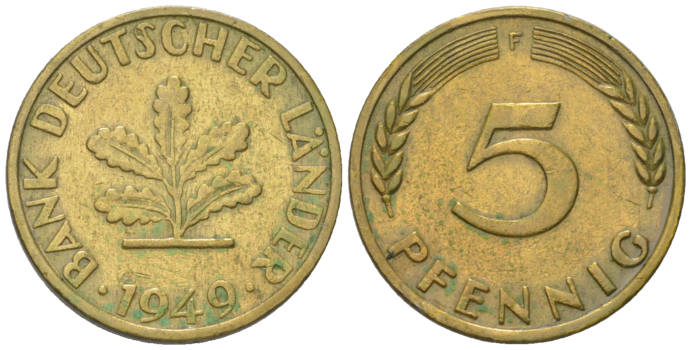 ФРГ 5 пфеннигов 1949 F KM 102, J. 377 сталь плакированная латунью 4164-526