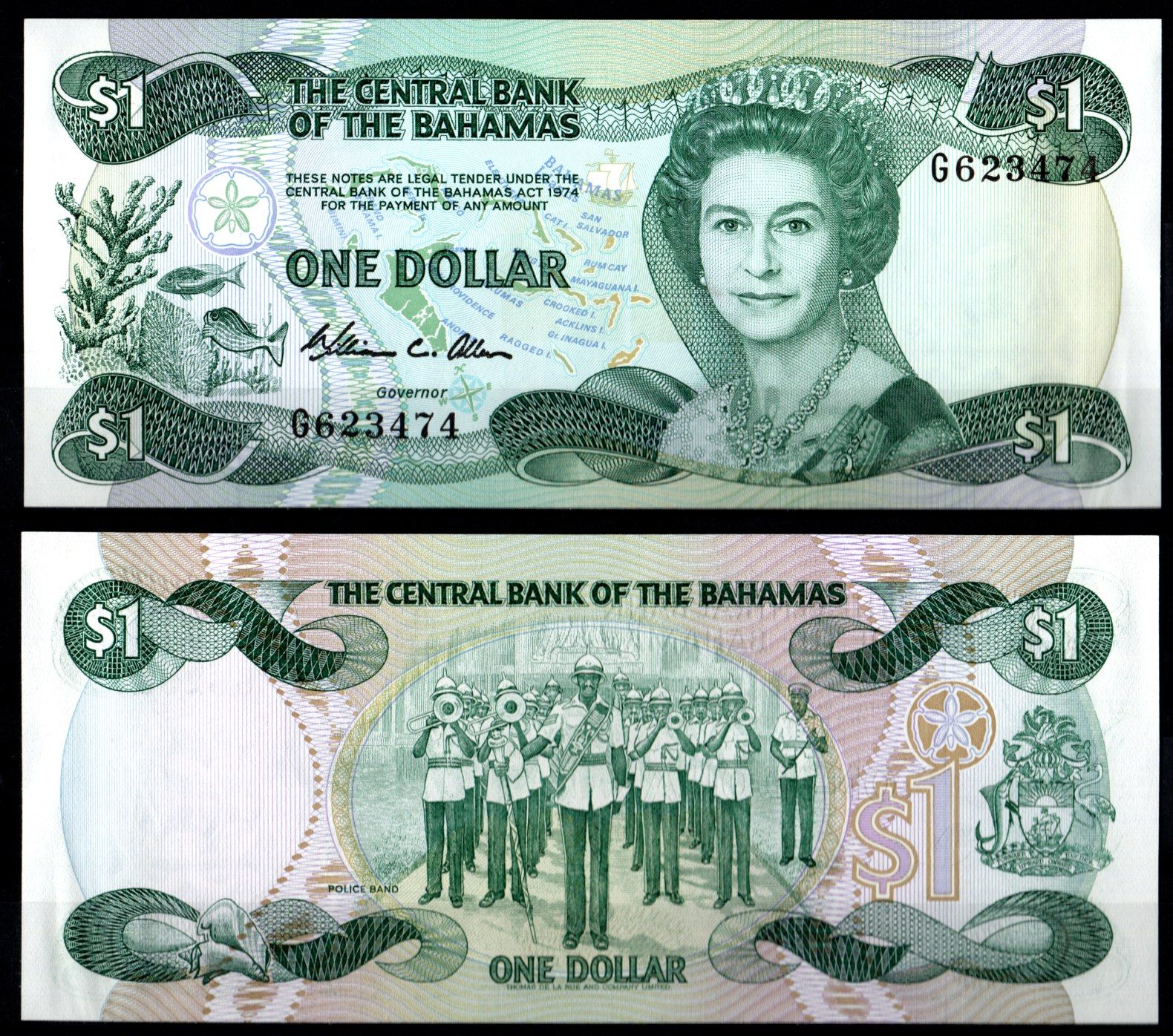Багамские острова (Багамы) 1 доллар 1974 (1984) Pick 43 a бумага aUNC 8605-22-2-1