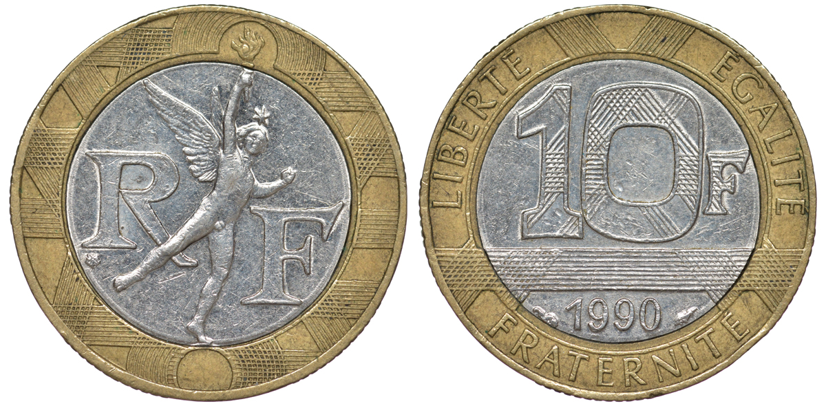 Франция 10 франков 1990 тип Гений Бастилии KM 964.1, Le Frank 375.5 биметалл 45-733
