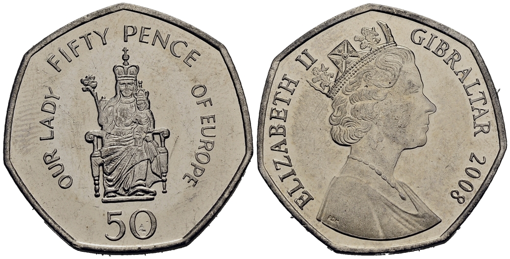 Гибралтар 50 пенсов 2008 старая леди Европа KM 1090 медно-никель UNC M4-15