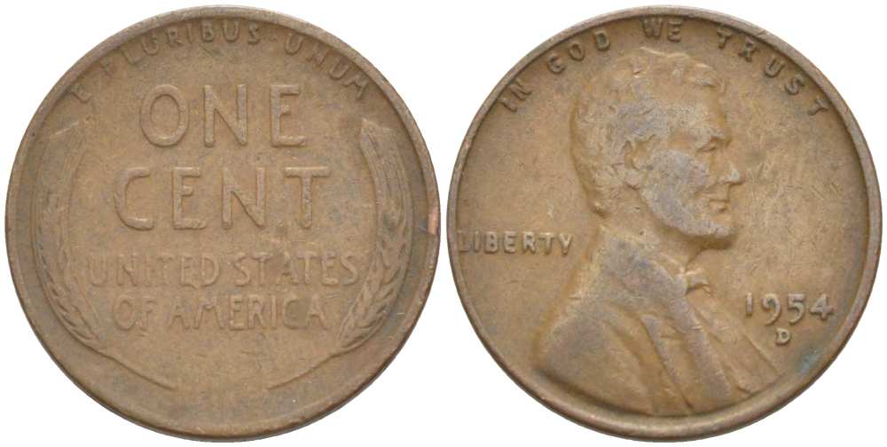 США 1 ЦЕНТ 1954 D, ЛИНКОЛЬН KM А132 медь цинк 218-1021