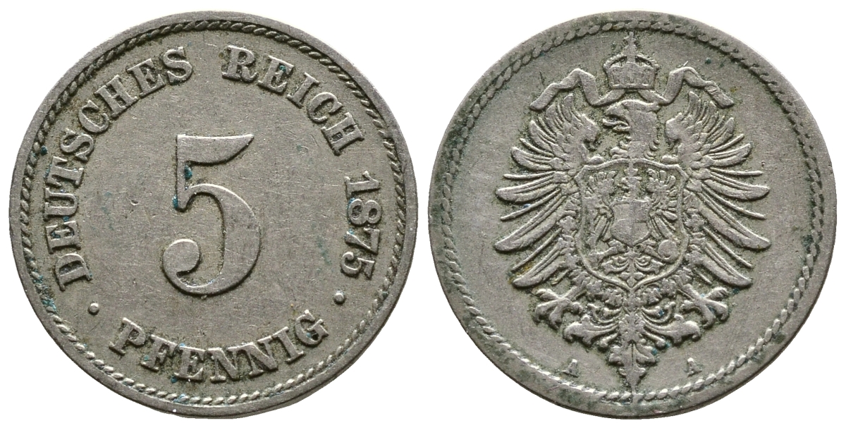 Германия 5 пфеннигов 1875 А, старогербовкаKM 3, J.3 медно-никель 4364-2846