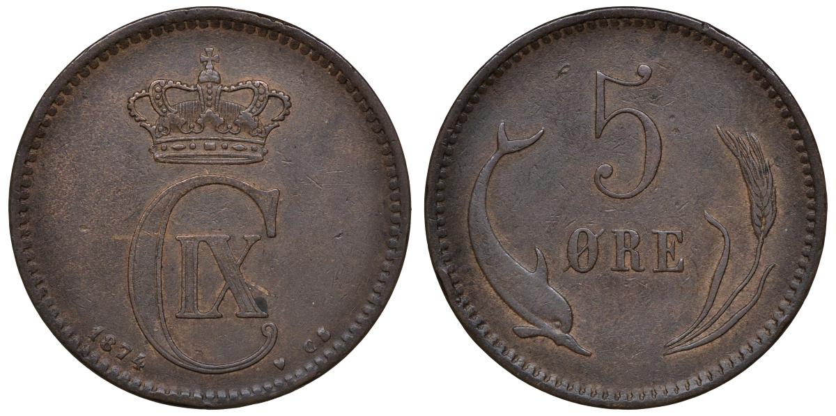 Дания 5 эре 1874 KM 794.1 бронза 4112-115