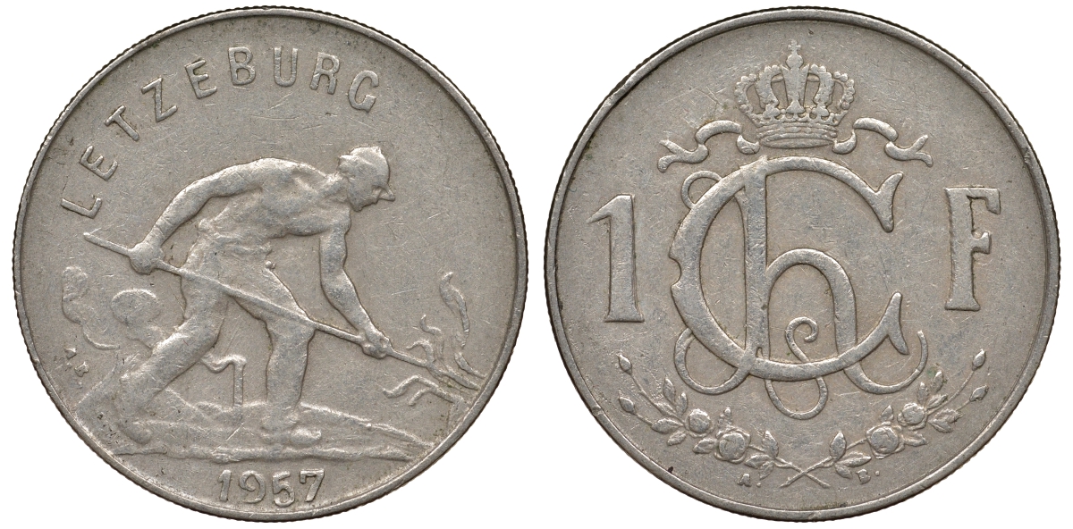 ЛЮКСЕМБУРГ 1 ФРАНК 1957 СТАЛЕВАР KM 46.2 медно-никель 62-837