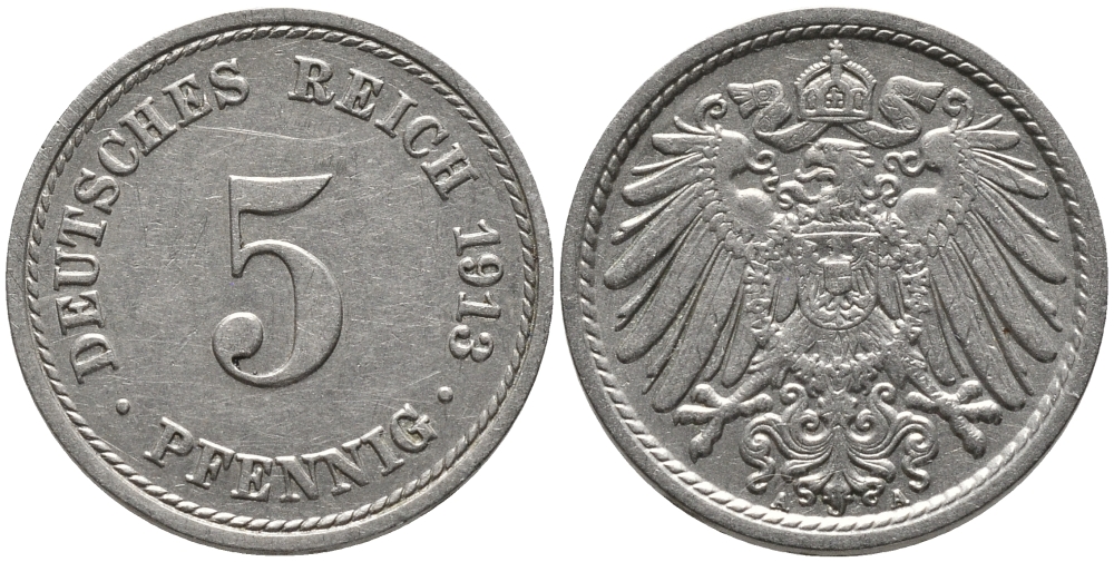 ГЕРМАНИЯ 5 ПФЕННИГОВ 1913 А, KM 11, J. 12 медно-никель 96-622