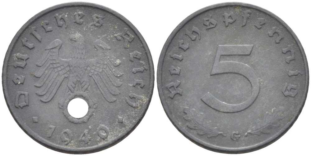 ГЕРМАНИЯ 5 РЕЙХСПФЕННИГОВ 1940 G KM 100, J. 370 цинк 211-537