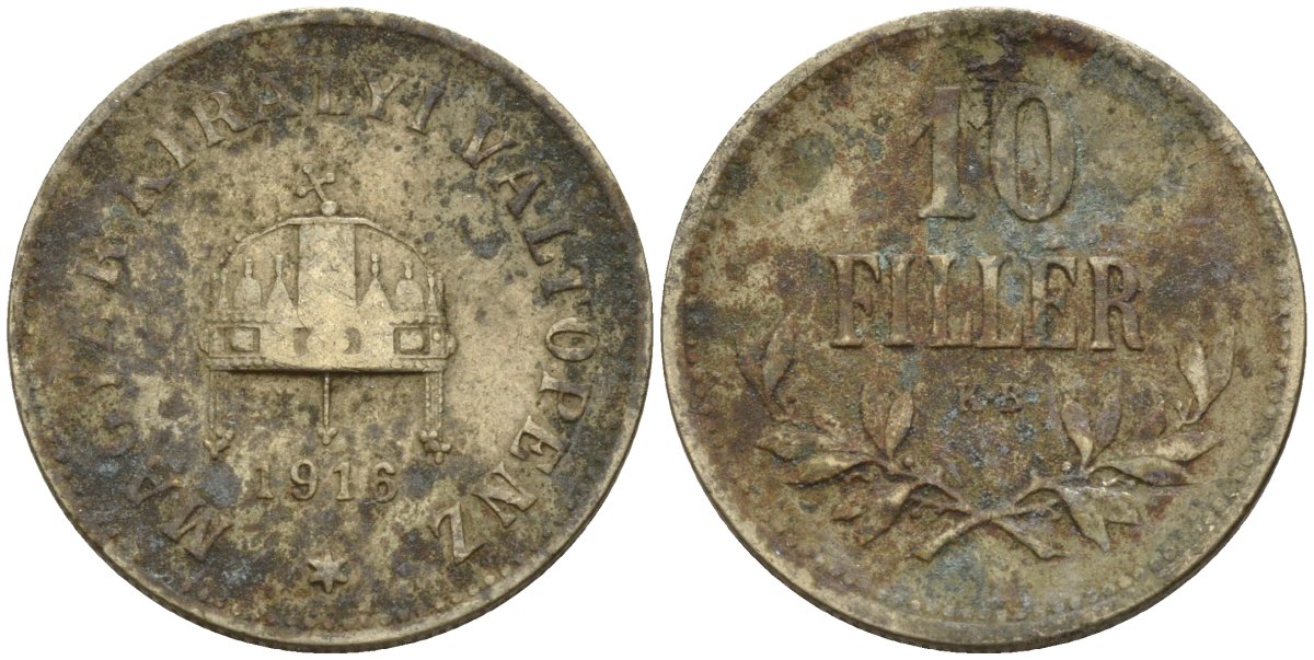 Венгрия 10 филлеров 1916 KB, Франц Иосиф I (1848-1916) KM 494 медь никель цинк 4151-1132