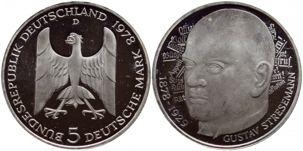 ФРГ 5 марок 1978 D, 200 лет со дня рождения Густава Штреземана J. 422, KM 147 серебро PROOF 1520-1333