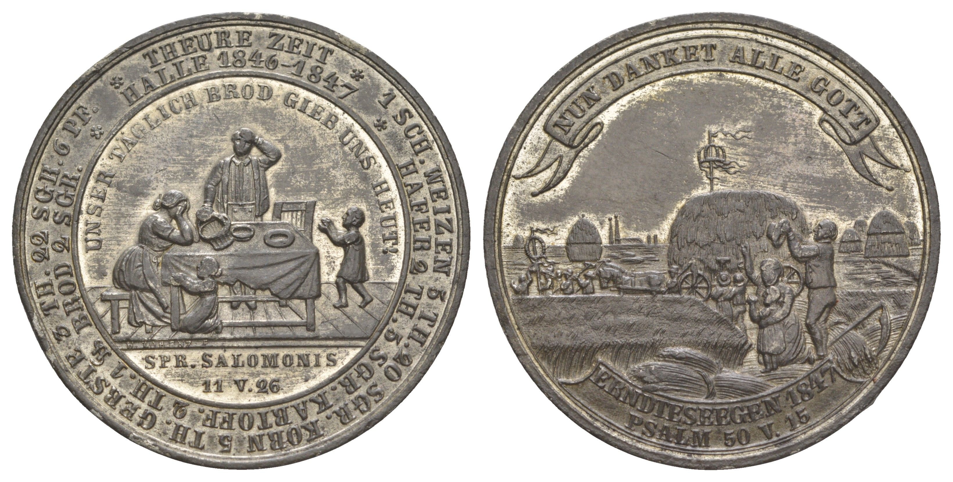Германия медаль в память о голоде при инфляции 1846-1847 годов 1847 Теперь все благодарят Бога, Псалом 50, стих 15 - Господи, устне мои отверзеши, и уста моя возвестят хвалу Твою, вес 27,7 гр, диаметр 42 мм олово 3896-1133