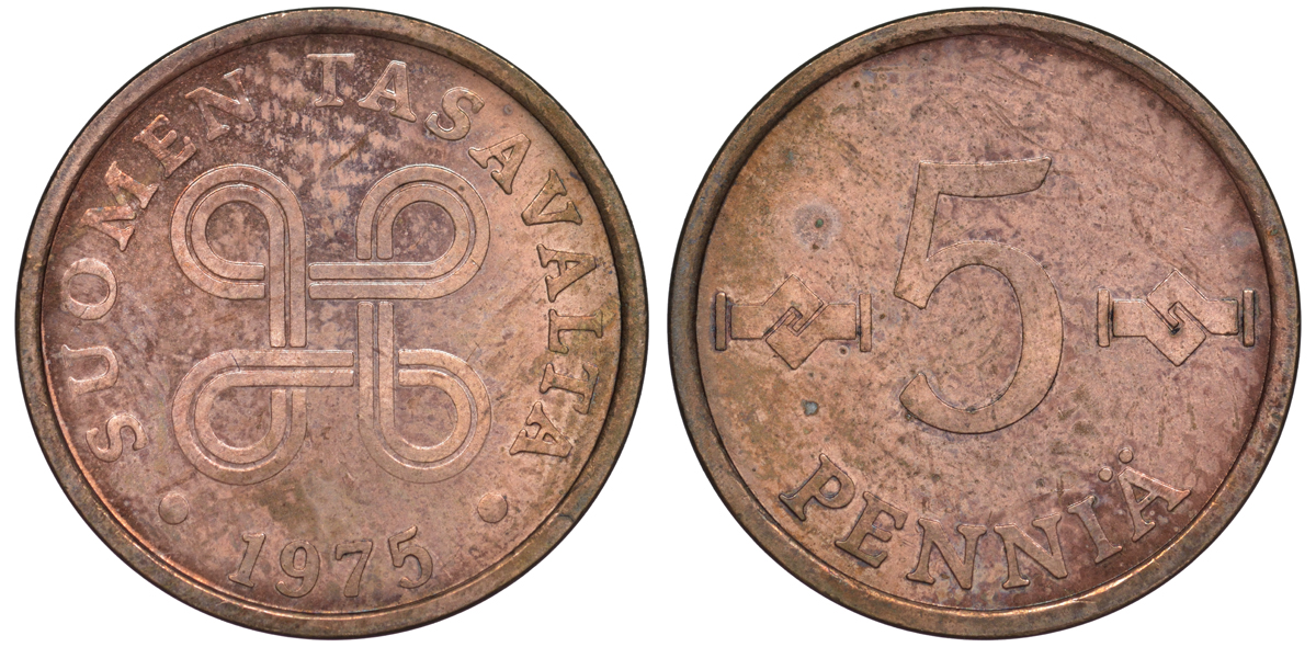 ФИНЛЯНДИЯ 5 ПЕННИ 1975 KM 45 медь UNC 3334-1058
