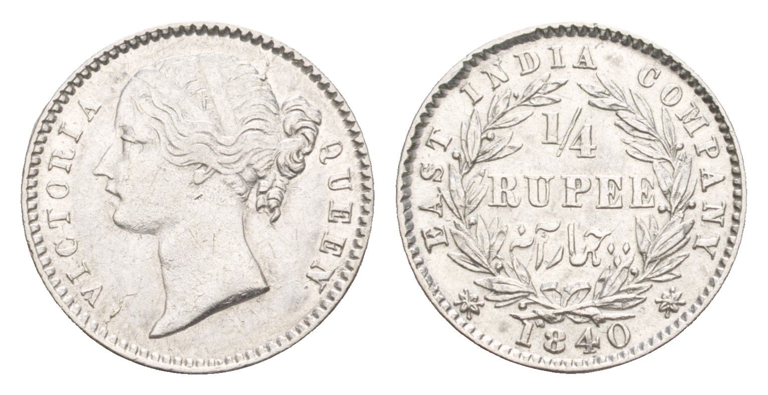 Британская Индия (Ост-Индская компания) 1/4 рупии 1840 Виктория (1837-1901) KM 454 серебро 1528-932