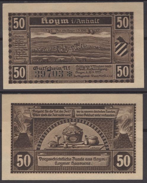 Хойм 50 пфеннигов 1921 бумага UNC (пресс) 8595-39-1-1