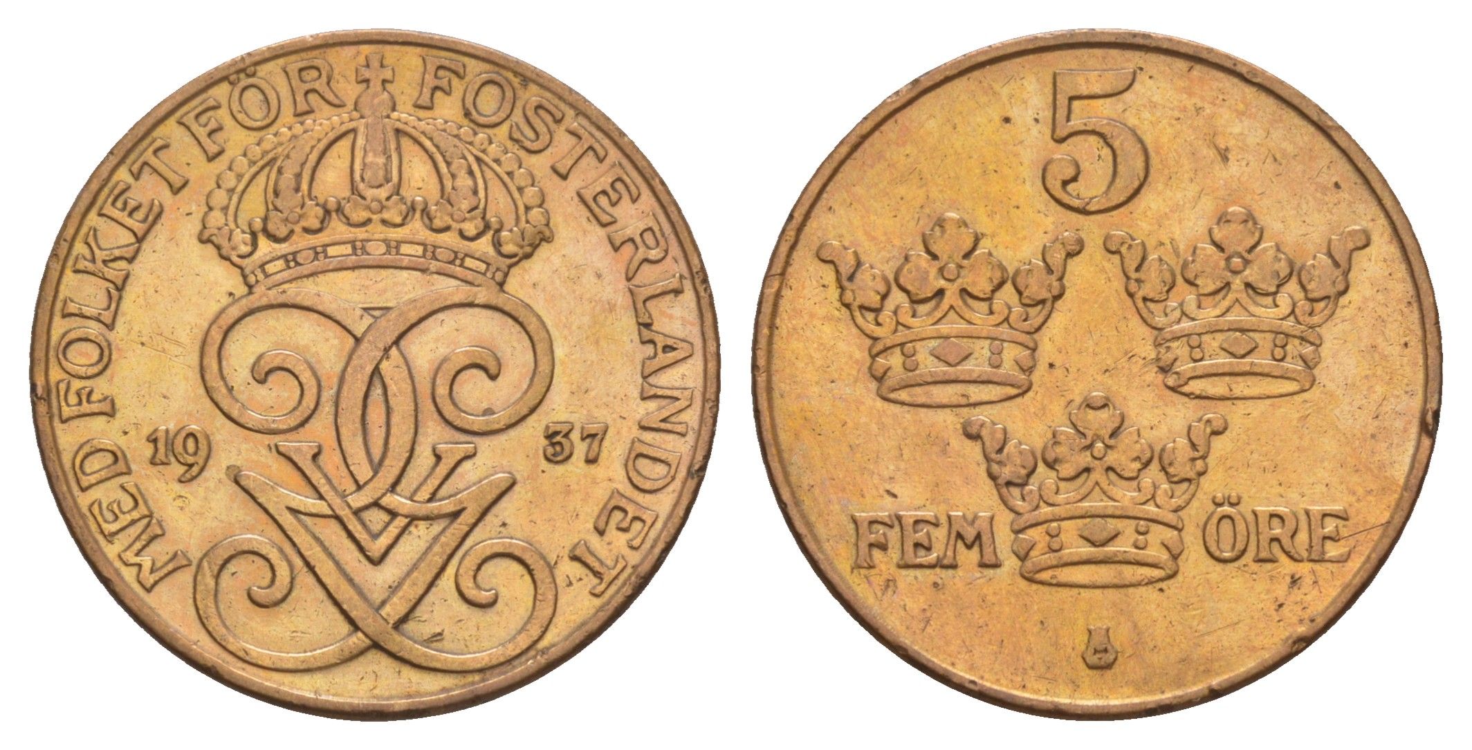 Швеция 5 эре 1937 Густав V (1907-1950) KM 779.2 бронза 4657-215