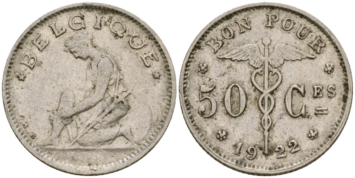 Бельгия 50 сантимов 1922 Belgique, Альберт I (1910-1934) KM 87 никель 73-127