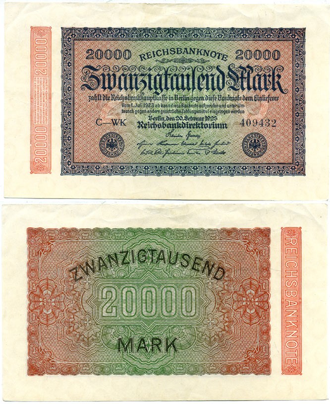 ГЕРМАНИЯ 20000 МАРОК 1923 20 ФЕВРАЛЯ 1923, ВОДЯНОЙ ЗНАК L Pick 85a бумага 6289-43-3-1