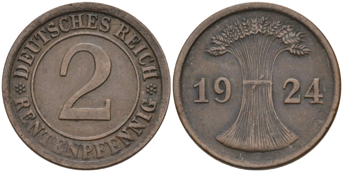 Германия 2 рентенпфеннига 1924 E, Веймарская республика KM 31 бронза 3955-456