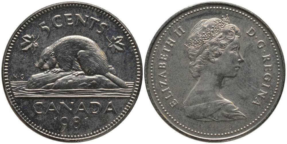 Канада 5 центов 1981 Елизавета II (1952-2022), бобер KM 60.2 никель PROOFLIKE 181-315