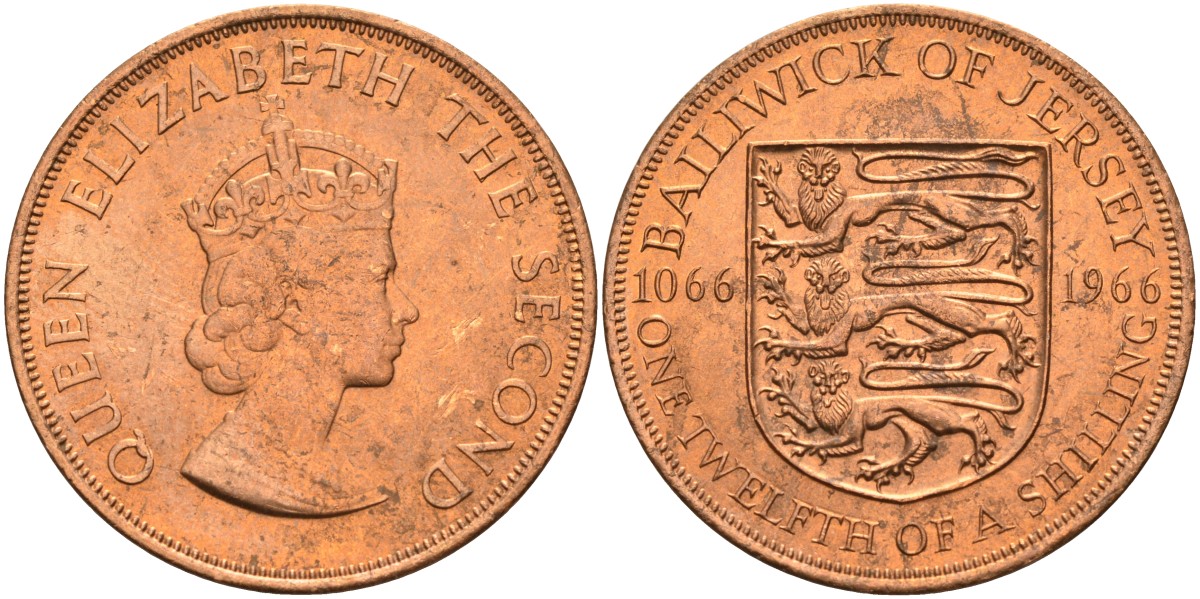 Джерси 1/12 шиллинга 1966 900 лет Нормандскому завоеванию KM 26 бронза UNC 4367-413