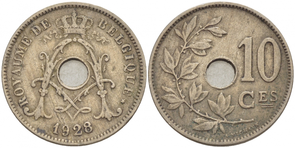 БЕЛЬГИЯ 10 САНТИМОВ 1928 BELGIQUE KM 85.1 медно-никель 4529-134